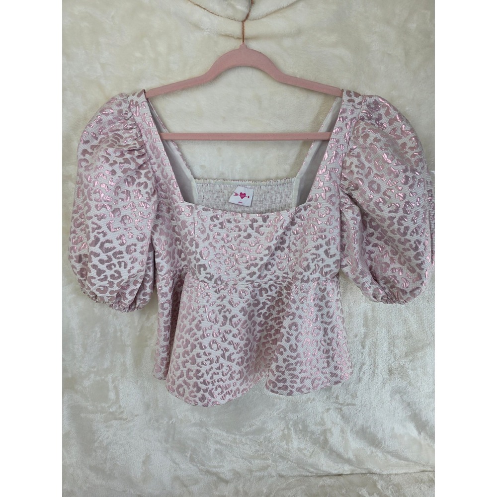 Buddy Love Alana-1 Pink Metallic Leopard Puff Sleeve‎ Peplum Top Blouse Medium